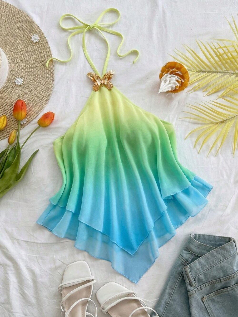 Green Boho Romantic Women's Butterfly Metal Gradient Halter Top Beach